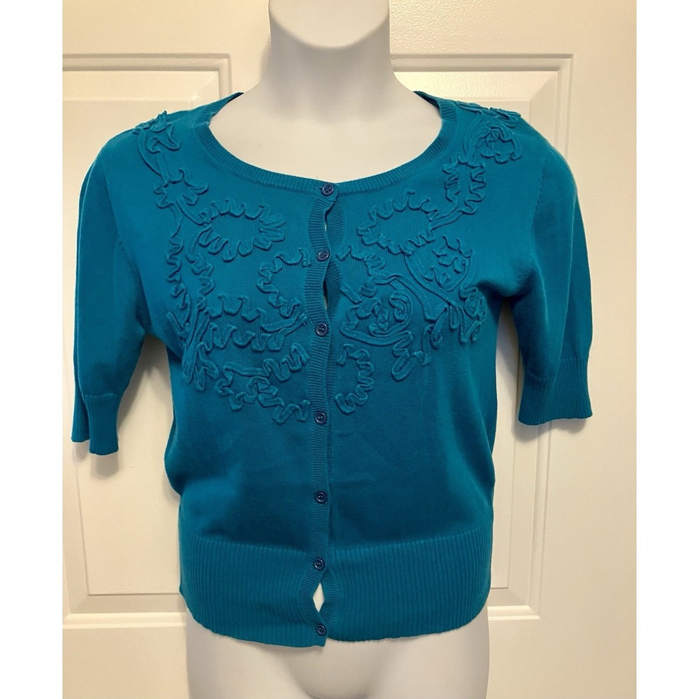 Reiss Women's Short Sleeve Button Up Teal Cardigan Sweater Blue Size L Large